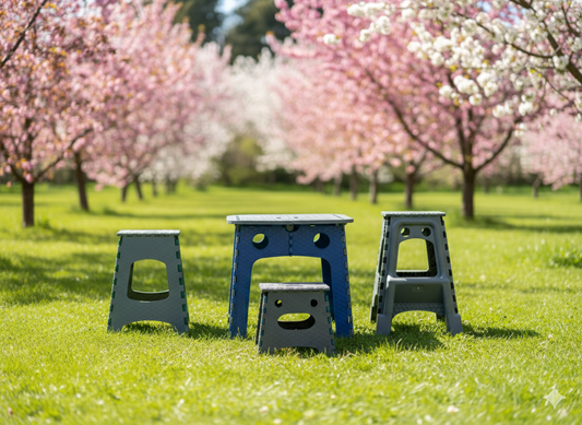 Ensemble complet de mobilier pliable : table et chaises. Rangement compact, fonctionnalité maximale. Pour la maison, le jardin, l'atelier.